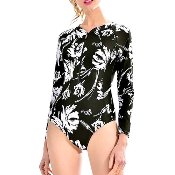 LBJSXJ Women’s Long Sleeve Floral Surf Swimsuit – Zip Front One Piece Rash Guard - Picture 1 of 10